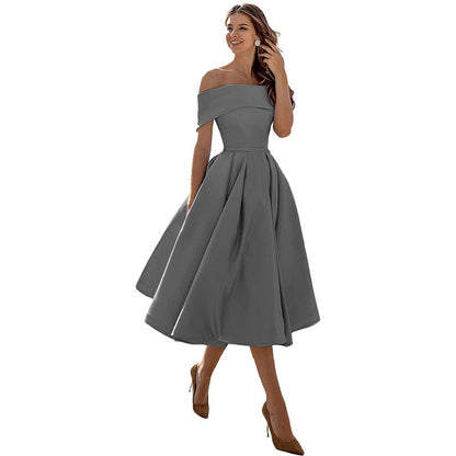Robe Épaules Dénudées pour Femme – Coupe A-Ligne – Jupe Plissée – Élégance Formelle