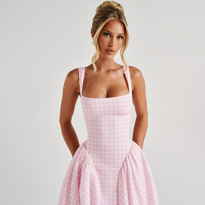 Léna Robe Midi à Carraux et Encolure Carrée