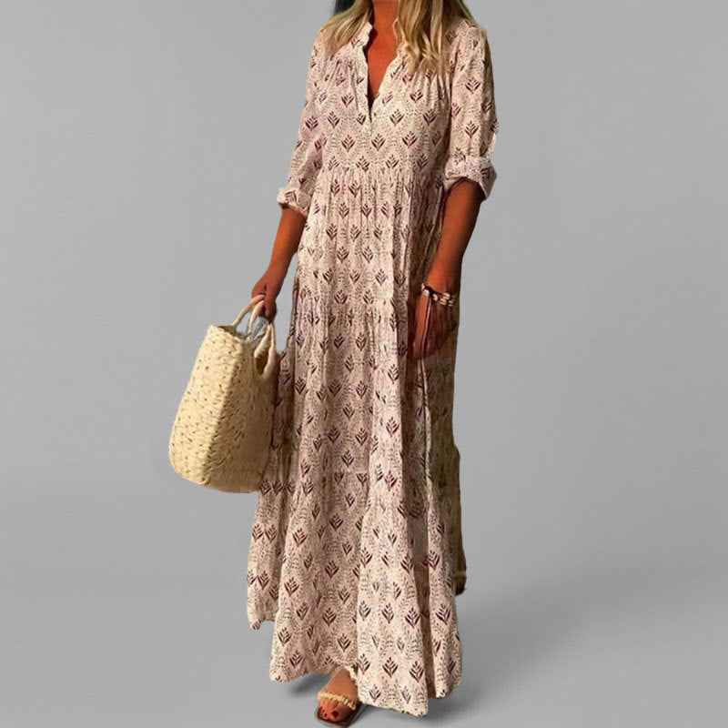 Robe Longue femme en Coton Léger, Imprimé Vintage et Manches 3/4