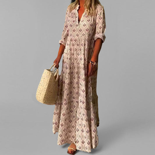 Robe Longue Femme en Coton Léger, Imprimé Vintage et Manches 3/4