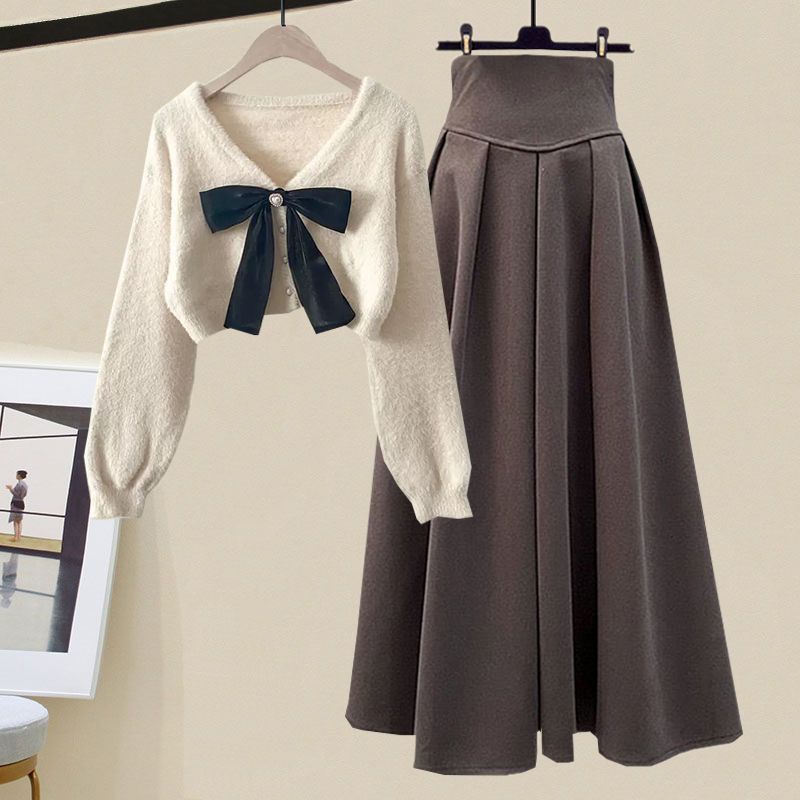 Women's Cable-Knit Sweater & High-Waisted A-Line Skirt – Relaxed Fit – Long Sleeve Crew Neck