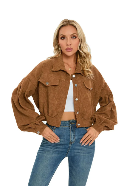 Veste Courte en Velours Côtelé Oversize à Manches Bouffantes pour Femme