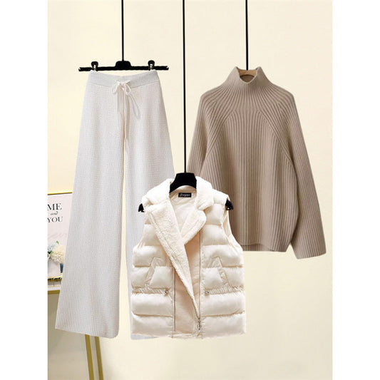Women's Three Piece Cotton Set - Open Cardigan, Turtleneck and High Waisted Pants