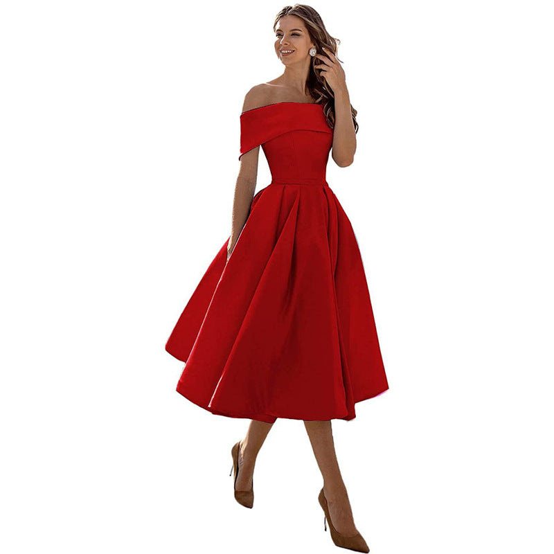 Robe Épaules Dénudées pour Femme – Coupe A-Ligne – Jupe Plissée – Élégance Formelle