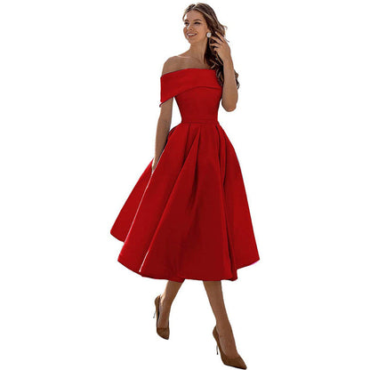 Robe Épaules Dénudées pour Femme – Coupe A-Ligne – Jupe Plissée – Élégance Formelle