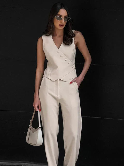 Women's Two Piece Linen Set - Sleeveless V-Neck Top and High Waisted Wide Leg Pants