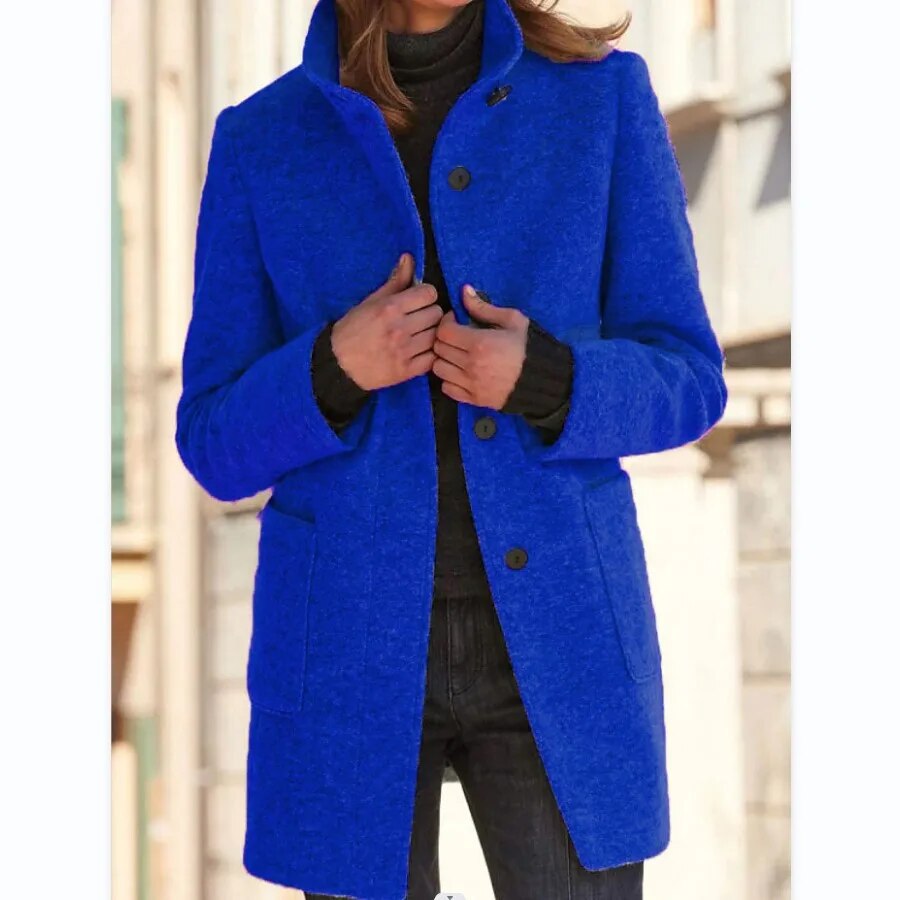 Femme Manteau en Laine Gris à Col Montant avec Poches