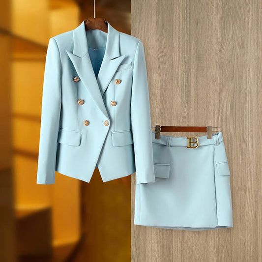 Women's Blazer and Skirt Set – Tailored Fit – Double Breasted Double Breasted Jacket – Belted Short Skirt