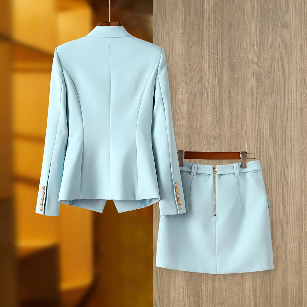 Women's Blazer and Skirt Set – Tailored Fit – Double Breasted Double Breasted Jacket – Belted Short Skirt