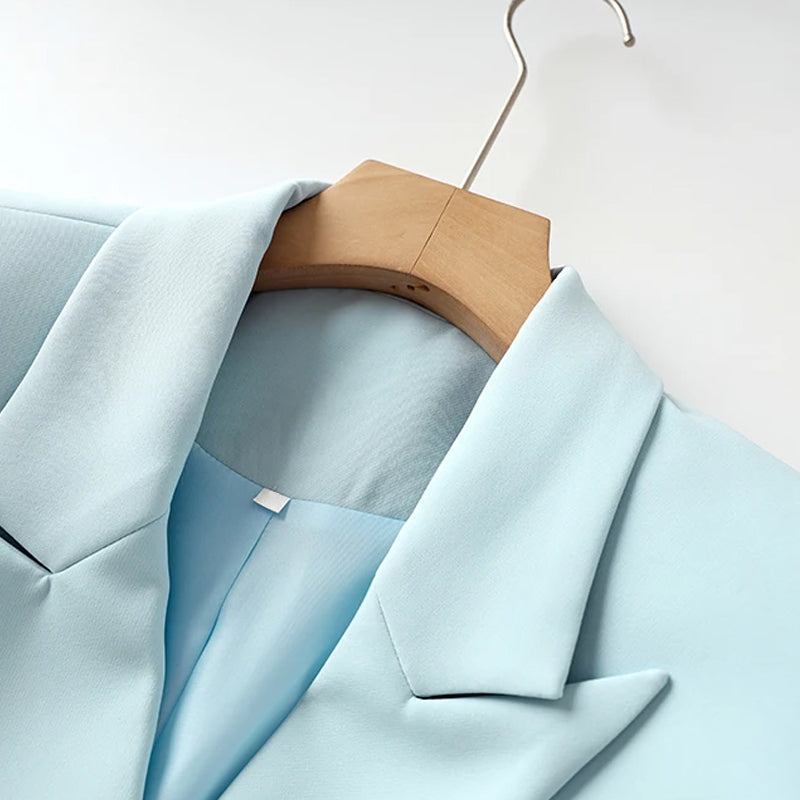 Women's Blazer and Skirt Set – Tailored Fit – Double Breasted Double Breasted Jacket – Belted Short Skirt