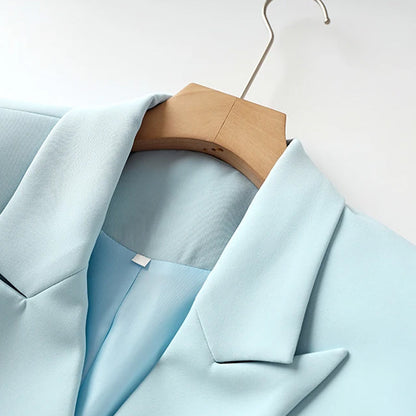 Women's Blazer and Skirt Set – Tailored Fit – Double Breasted Double Breasted Jacket – Belted Short Skirt