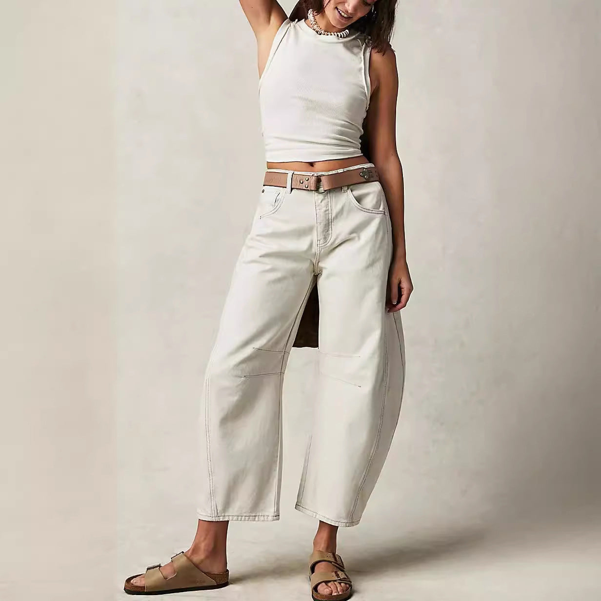 Jean taille haute coupe large en denim stretch pour femme