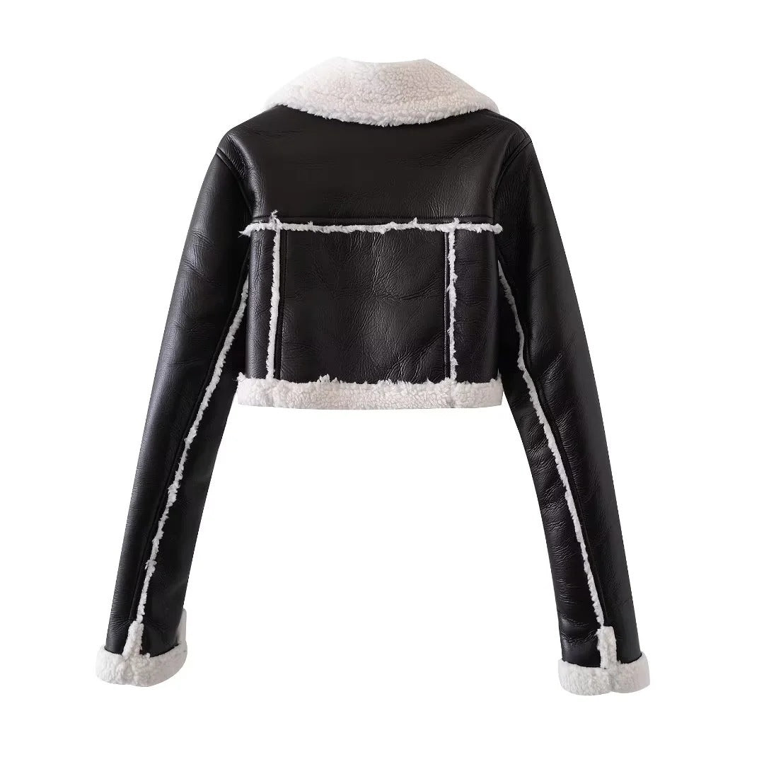 VestE Courte Femme Style Mouton - Effet Cuir - Col Overshize - Fermeture Ziptée