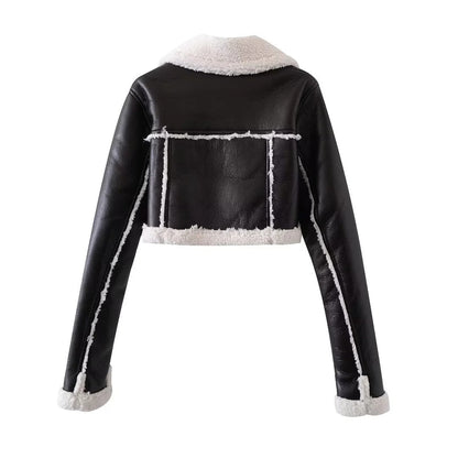VestE Courte Femme Style Mouton - Effet Cuir - Col Overshize - Fermeture Ziptée