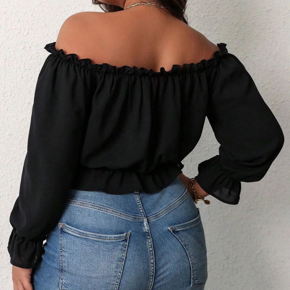 Women's Blouse à Épaules Dénudées – Manches Longues Bouffantes – Encolure Volantée