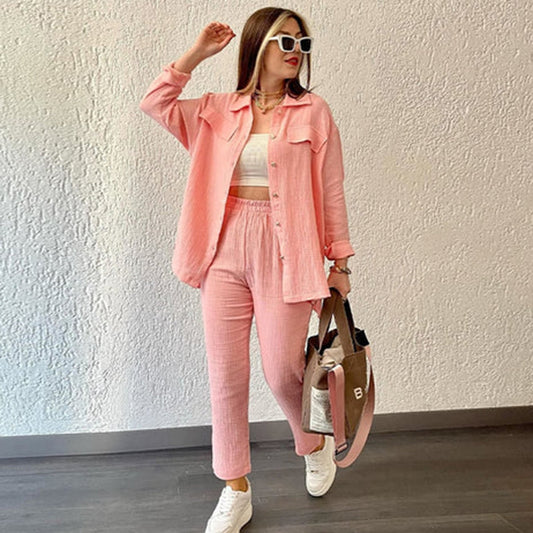 Women's Two-Piece Set - Button-Up Shirt & Elastic Waist Trousers - Relaxed Fit