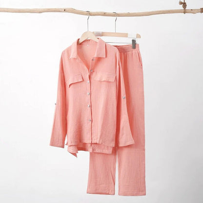Women's Two-Piece Set - Button-Up Shirt & Elastic Waist Trousers - Relaxed Fit