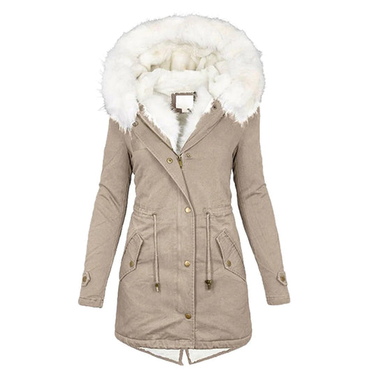 Women's Casual Coat with Fur Hood and Fleece Lining