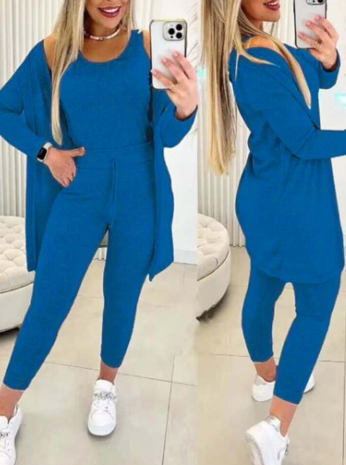 Women's Casual Three Piece Set - Crew Neck Top and Drawstring Fitted Pants