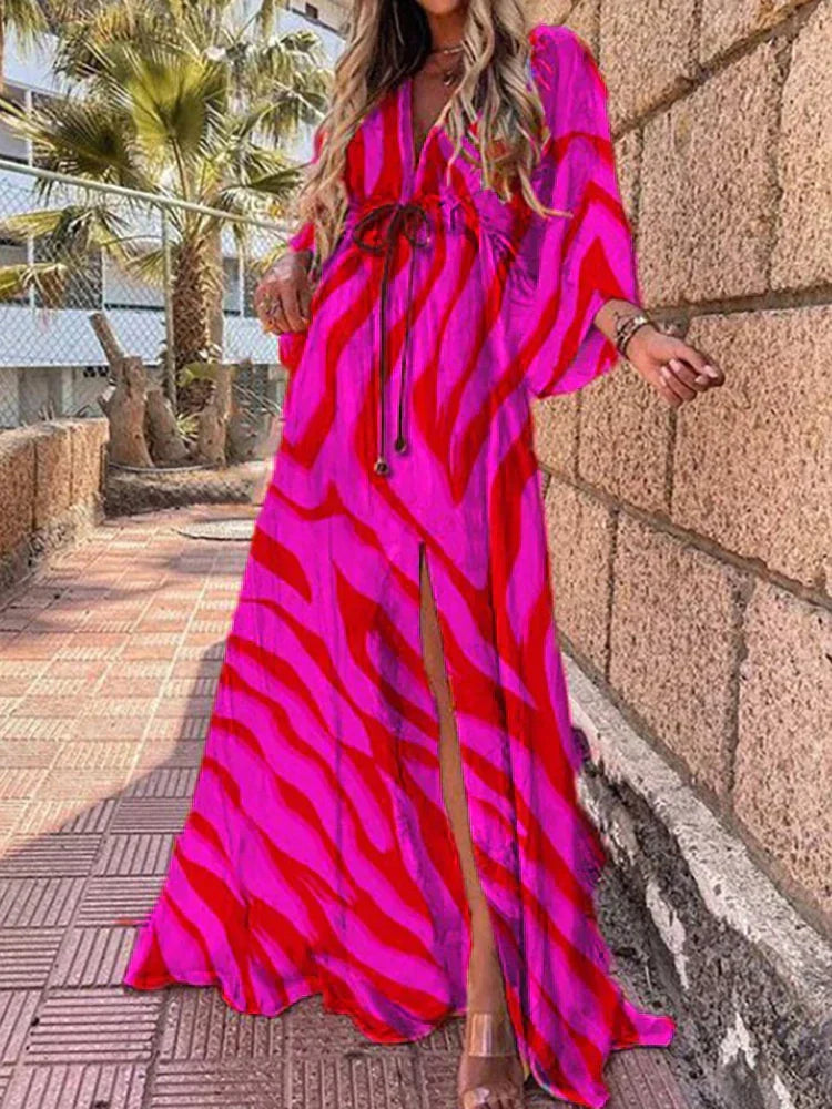 Robe Longue à Imprimé Abstrait avec ceinture, Col en v et Boutons Pour Femme