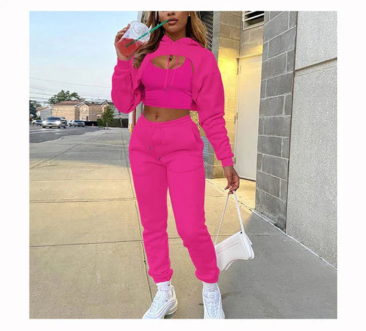 Women's Three-Piece Fleece Jogging Set - Pants, Sweatshirt and Crop Top