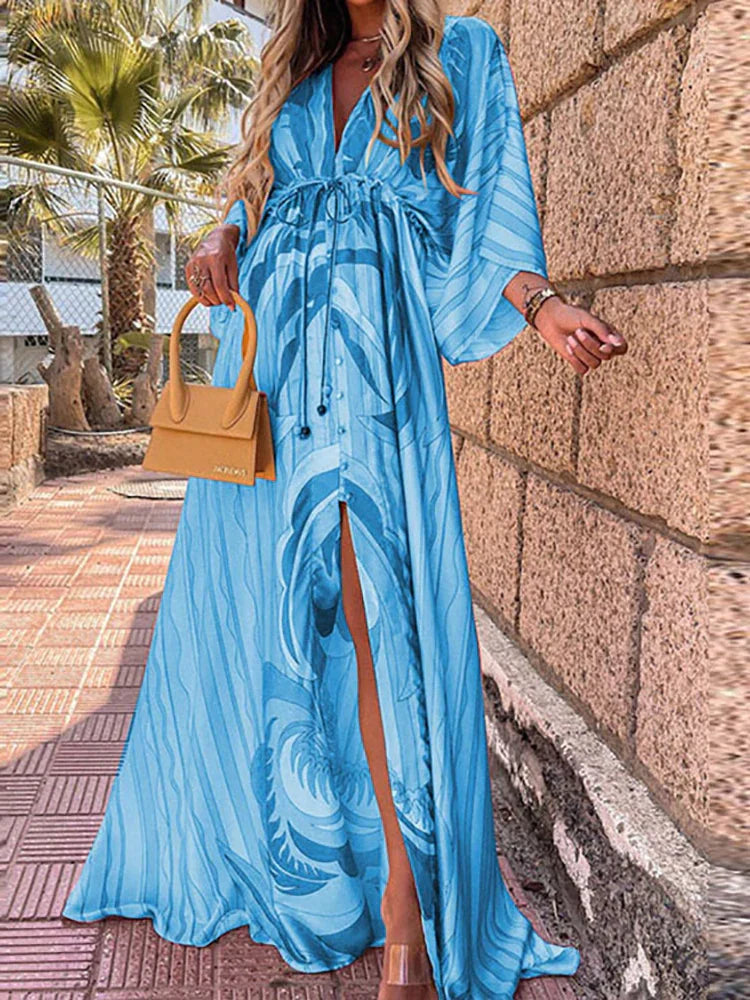 Robe Longue à Imprimé Abstrait avec ceinture, Col en v et Boutons Pour Femme