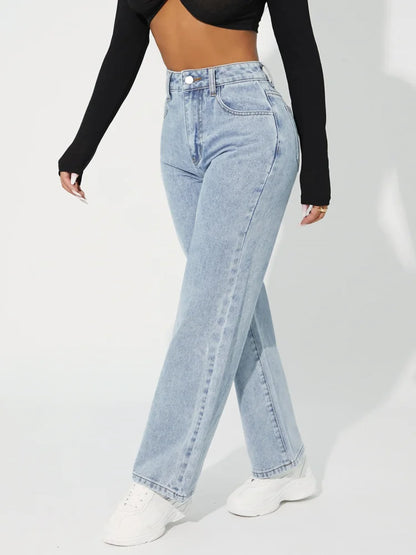 Jean Femme Taille Haute - Coupe Droite Classique - Fermeture Bouton et Zip