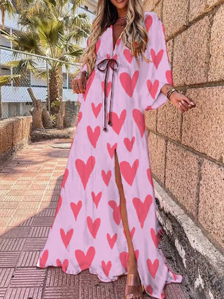 Robe Longue à Imprimé Abstrait avec ceinture, Col en v et Boutons Pour Femme