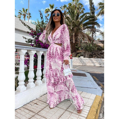 Robe Longue Fluid à Découpe Taille, Col En v et Manches Bouffantes Pour Femme