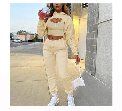 Women's Three-Piece Fleece Jogging Set - Pants, Sweatshirt and Crop Top