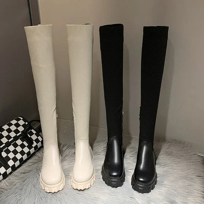 Women's Stretch Knee-High Boots with Round Toe and Medium Heel