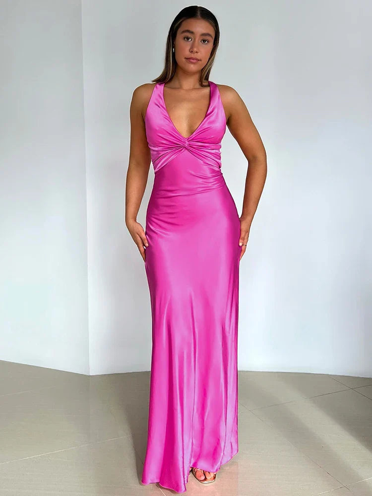 Robe de Soirée Femme en Satin avec Col Halter et Sans Manches