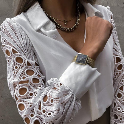 Blouse Femme Élégante – Manches Longues en Dentelle et Finition Satinée