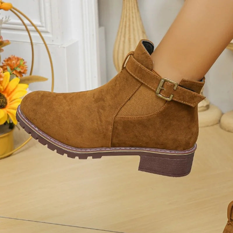 Women's Bottines Décontractées avec Boucle Ceinture et Bout Rond