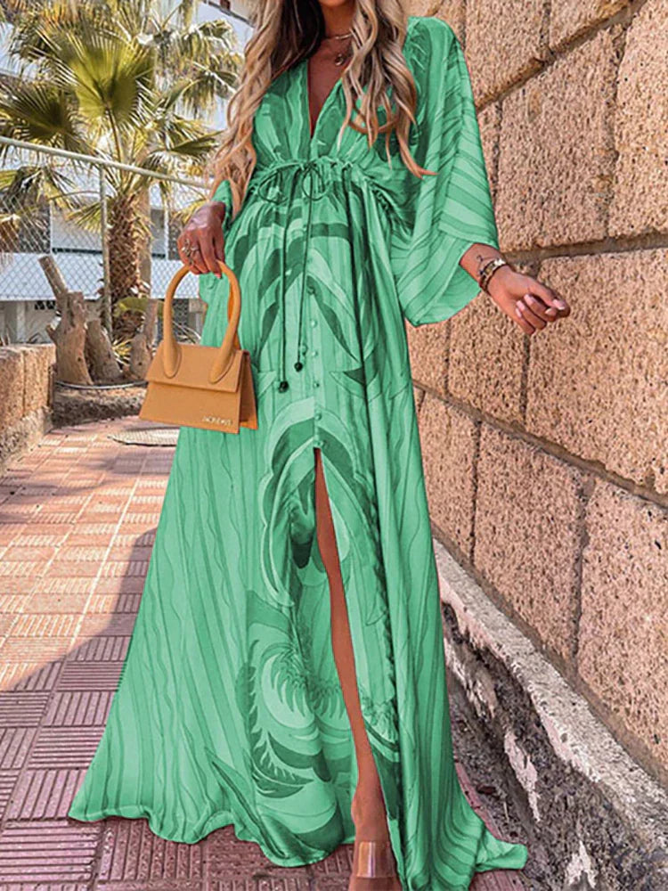 Robe Longue à Imprimé Abstrait avec ceinture, Col en v et Boutons Pour Femme