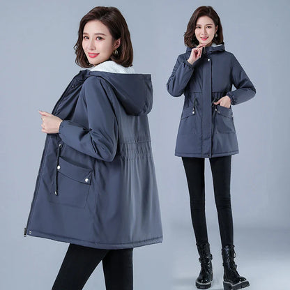 Women's Fluffy Quilted Hooded Mid-Length Jacket