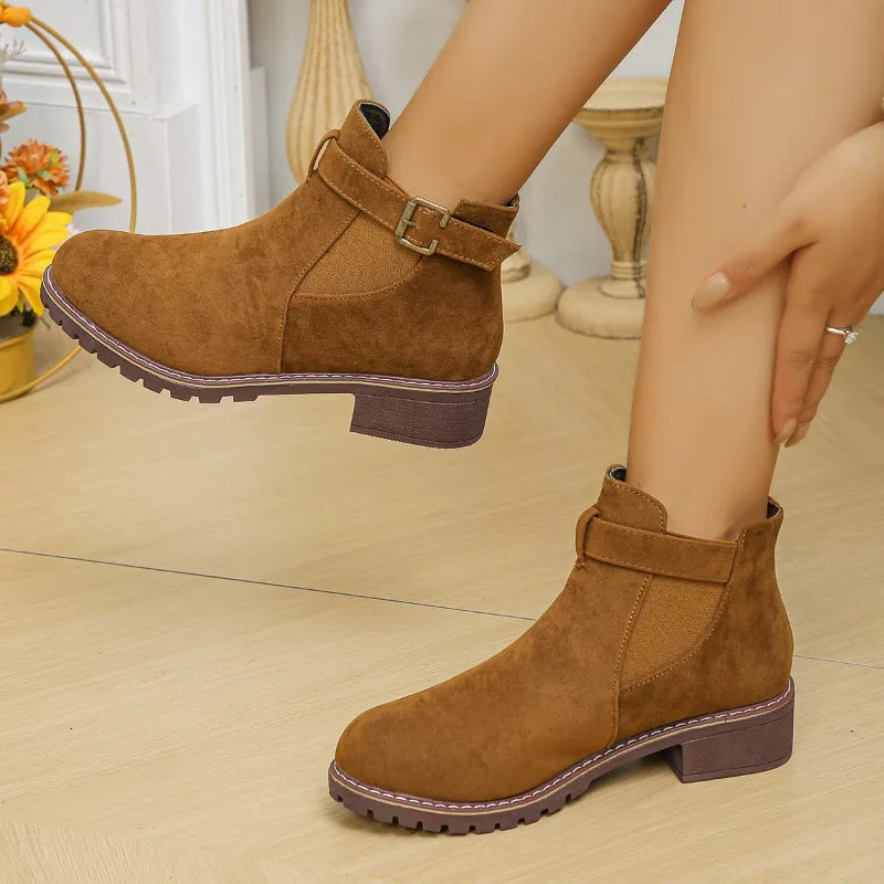 Women's Bottines Décontractées avec Boucle Ceinture et Bout Rond