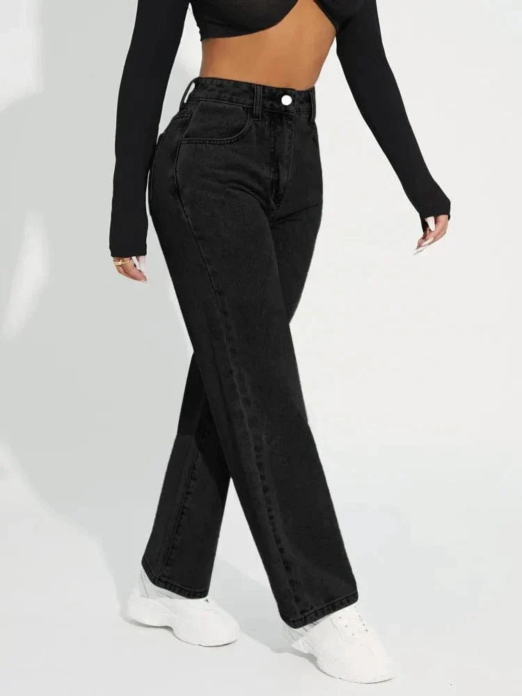 Jean Femme Taille Haute - Coupe Droite Classique - Fermeture Bouton et Zip