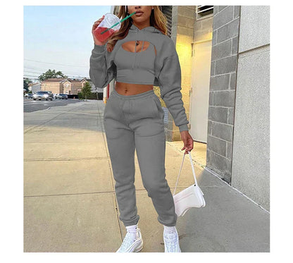 Women's Three-Piece Fleece Jogging Set - Pants, Sweatshirt and Crop Top