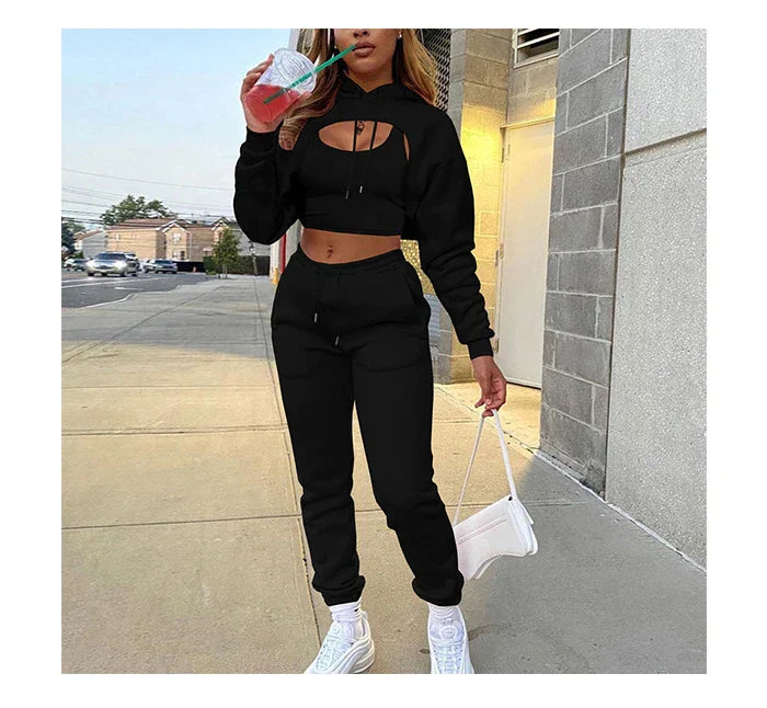 Women's Three-Piece Fleece Jogging Set - Pants, Sweatshirt and Crop Top