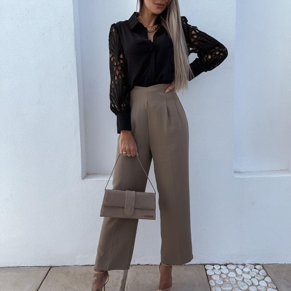 Blouse Femme Élégante – Manches Longues en Dentelle et Finition Satinée