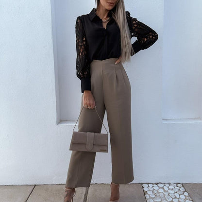 Blouse Femme Élégante – Manches Longues en Dentelle et Finition Satinée