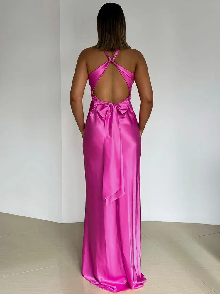 Robe de Soirée Femme en Satin avec Col Halter et Sans Manches