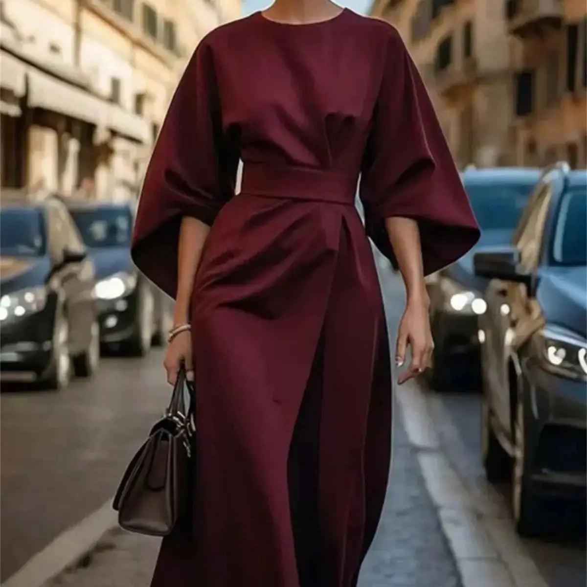 Isabelle Robe Midi Structurée à Taille Ceinturée et Manches Évasées