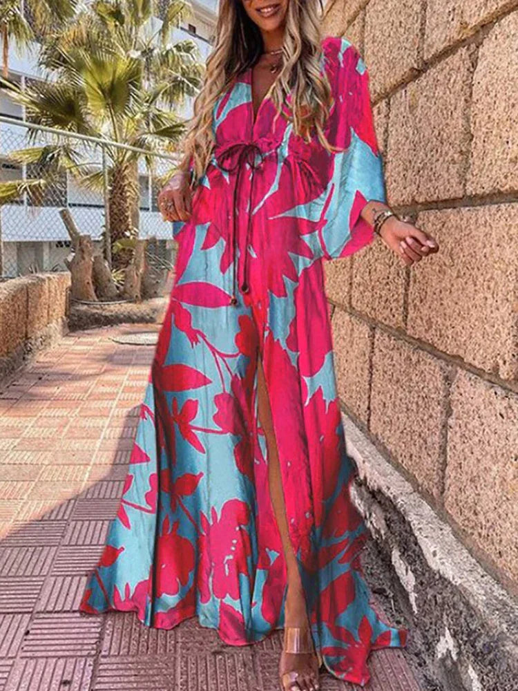 Robe Longue à Imprimé Abstrait avec ceinture, Col en v et Boutons Pour Femme