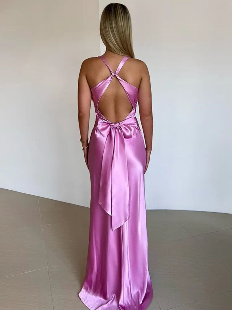 Robe de Soirée Femme en Satin avec Col Halter et Sans Manches