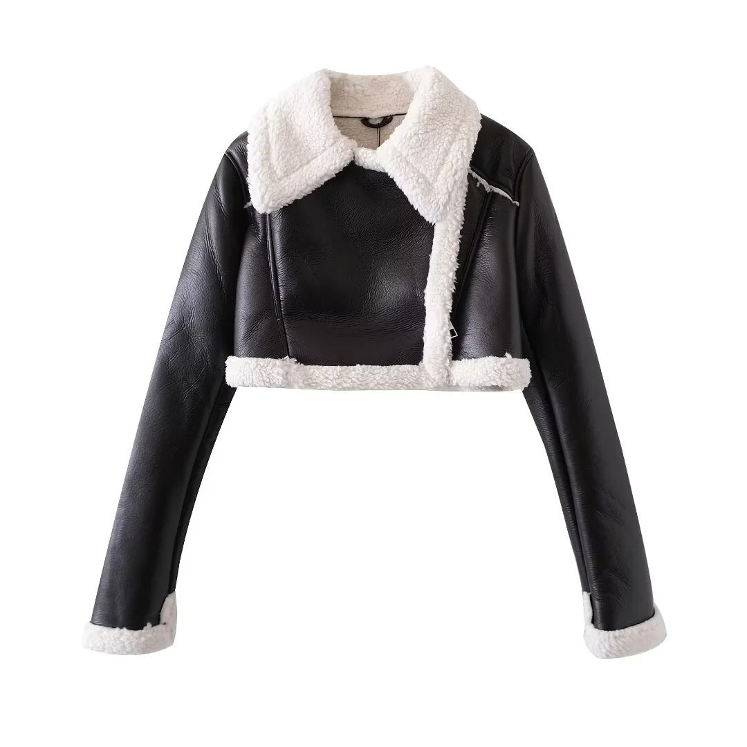 VestE Courte Femme Style Mouton - Effet Cuir - Col Overshize - Fermeture Ziptée