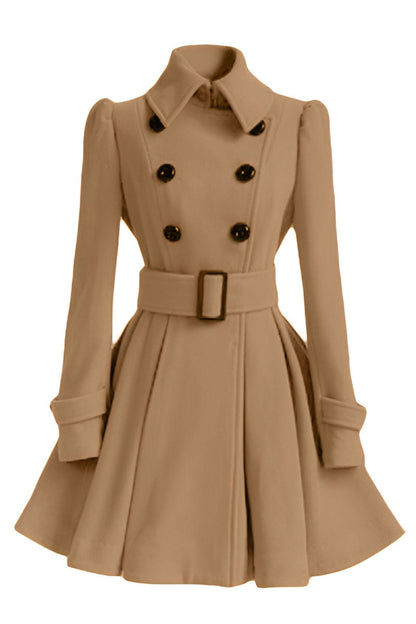 Women's fitted double-breasted coat with belt, perfect for autumn and winter.