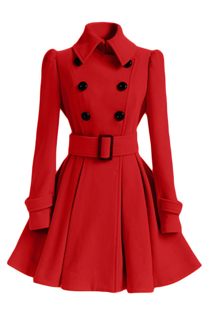 Women's fitted double-breasted coat with belt, perfect for autumn and winter.