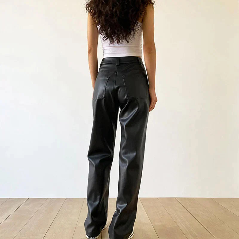 Pantalon large taille haute en simili cuir style moderne